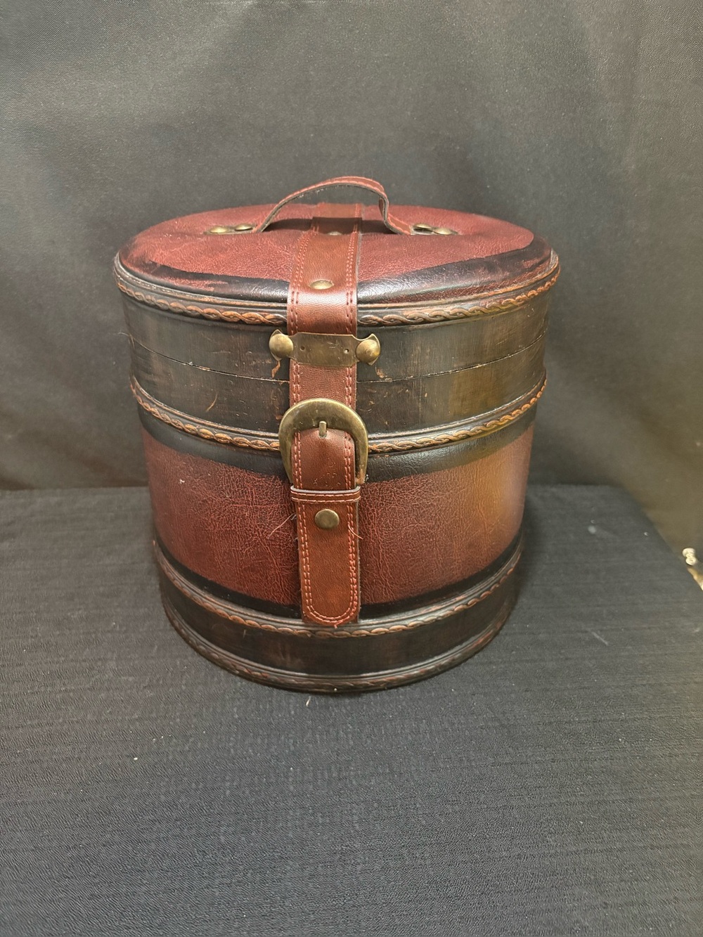 reproduction round leather-and-wood hat storage container